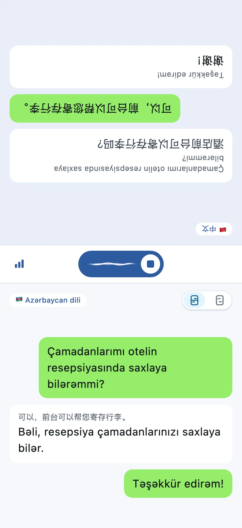 Söhbət ekranı: yuxarı yarı qarşı tərəf üçün tərsinədir, aşağı yarı sizin üçündür