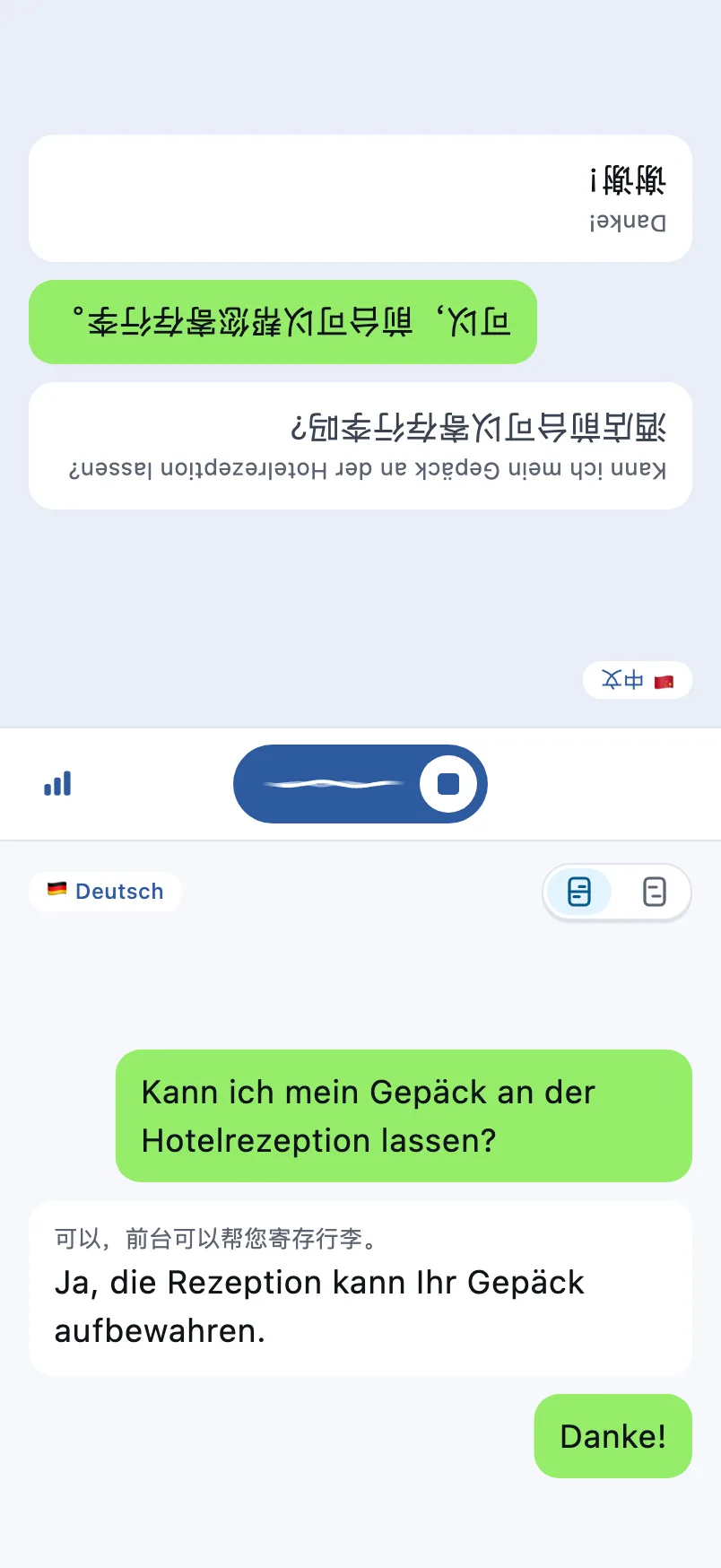 Gesprächsansicht: Die obere Hälfte steht für dein Gegenüber auf dem Kopf, die untere ist für dich
