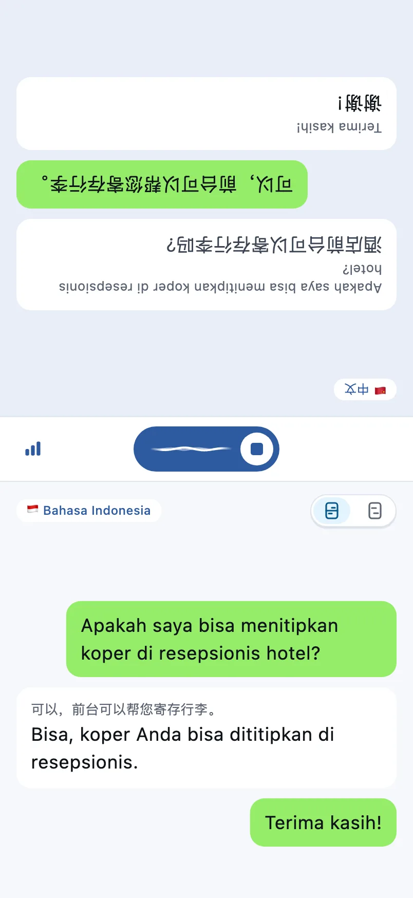 Layar percakapan: separuh atas terbalik untuk lawan bicara, separuh bawah untuk Anda