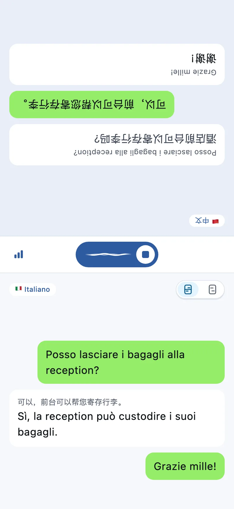 Schermata di conversazione: la metà superiore è capovolta per l'altra persona, quella inferiore è per te