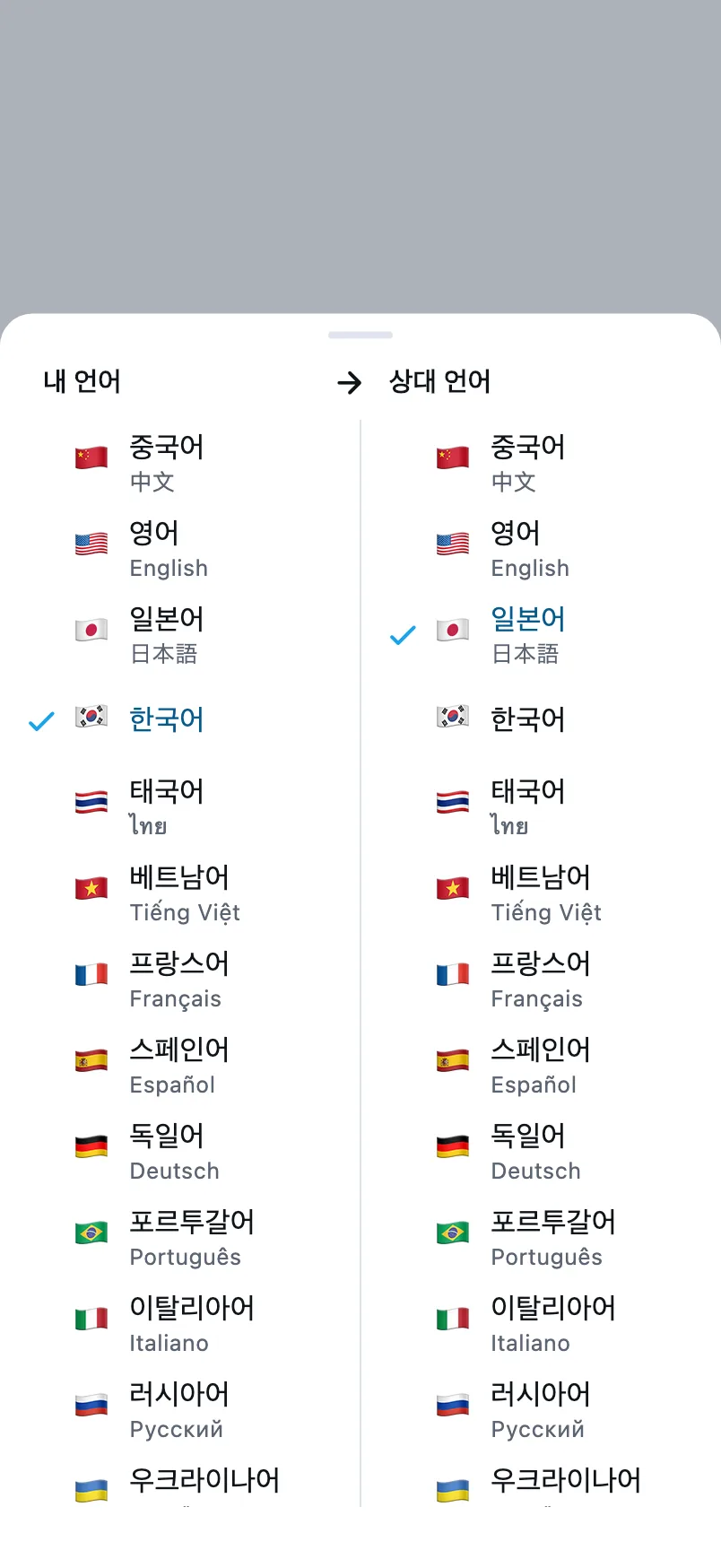 언어 선택: 왼쪽 열은 내가 말하는 언어, 오른쪽 열은 상대방이 말하는 언어