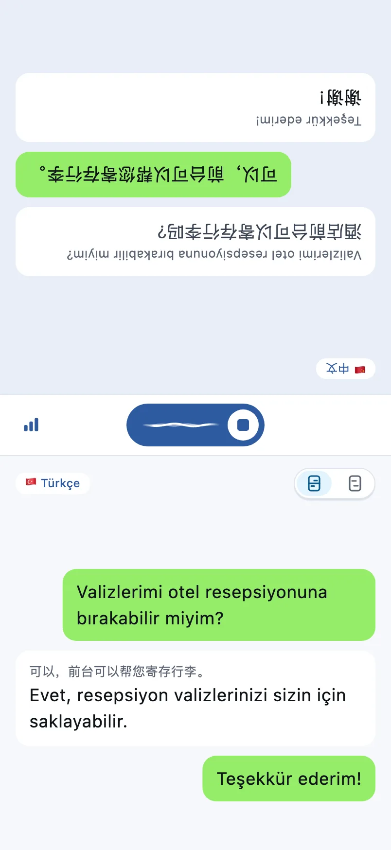 Konuşma ekranı: üst yarı karşı taraf için ters, alt yarı sizin için